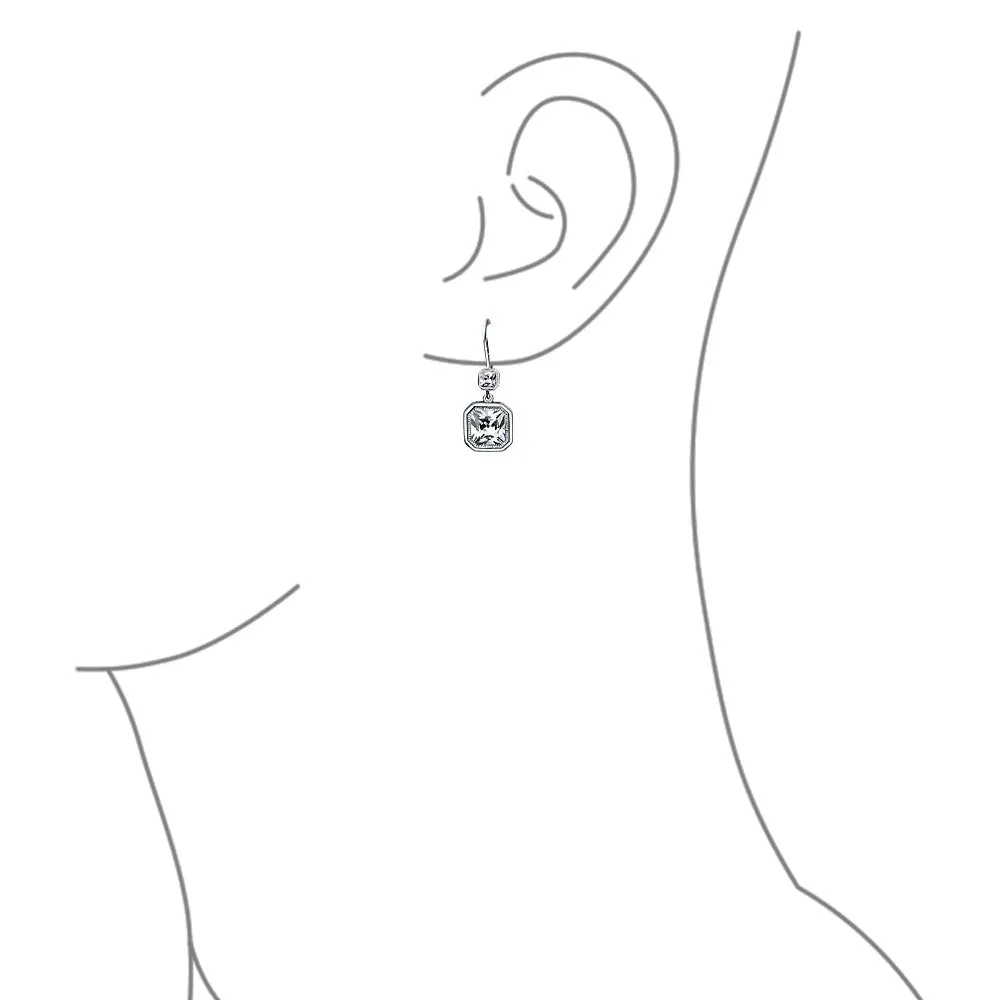 Square Radiant Cut Solitaire CZ Bezel Drop Earrings Sterling Silver