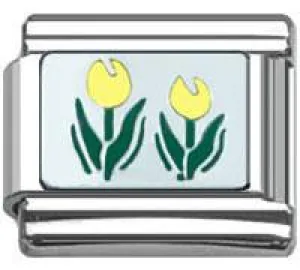 Stainless Steel 9mm Shiny Link with Yellow Tulips for Italian Charm Bracelet