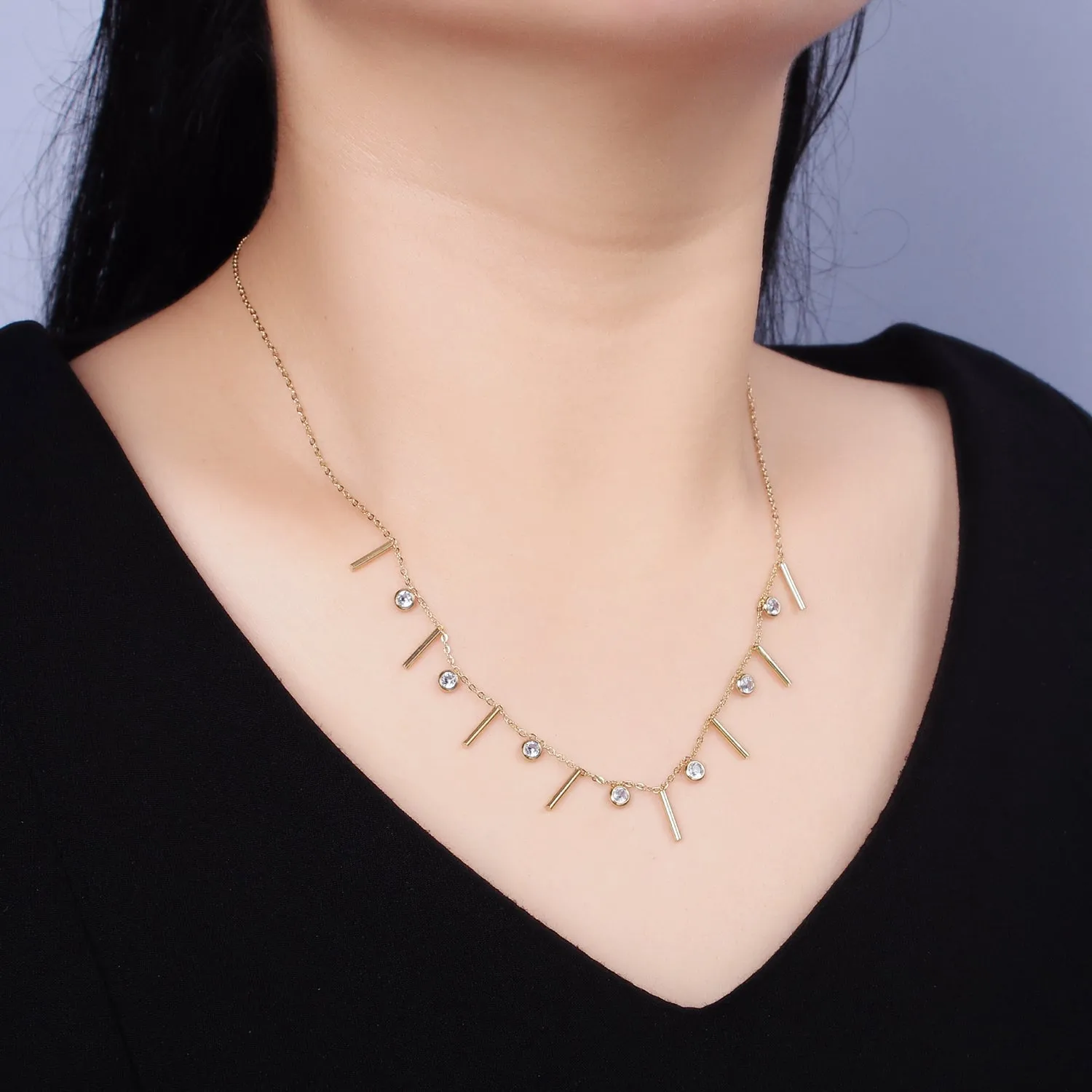 Stainless Steel Multiple Clear Round CZ Bar 18 Inch Cable Layering Chain Necklace | WA-2034