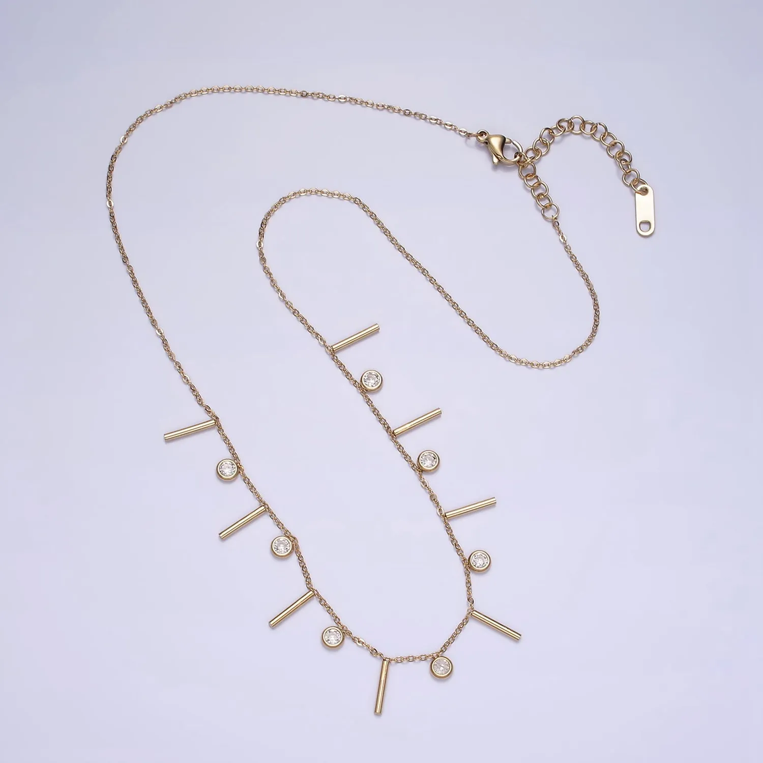 Stainless Steel Multiple Clear Round CZ Bar 18 Inch Cable Layering Chain Necklace | WA-2034