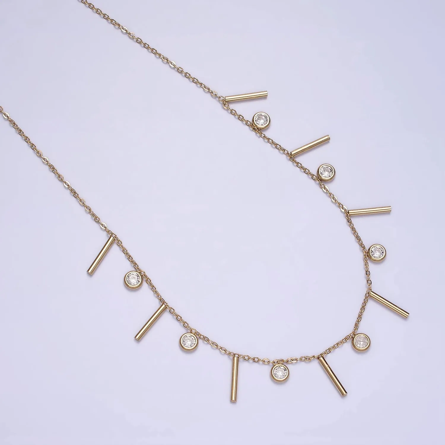 Stainless Steel Multiple Clear Round CZ Bar 18 Inch Cable Layering Chain Necklace | WA-2034