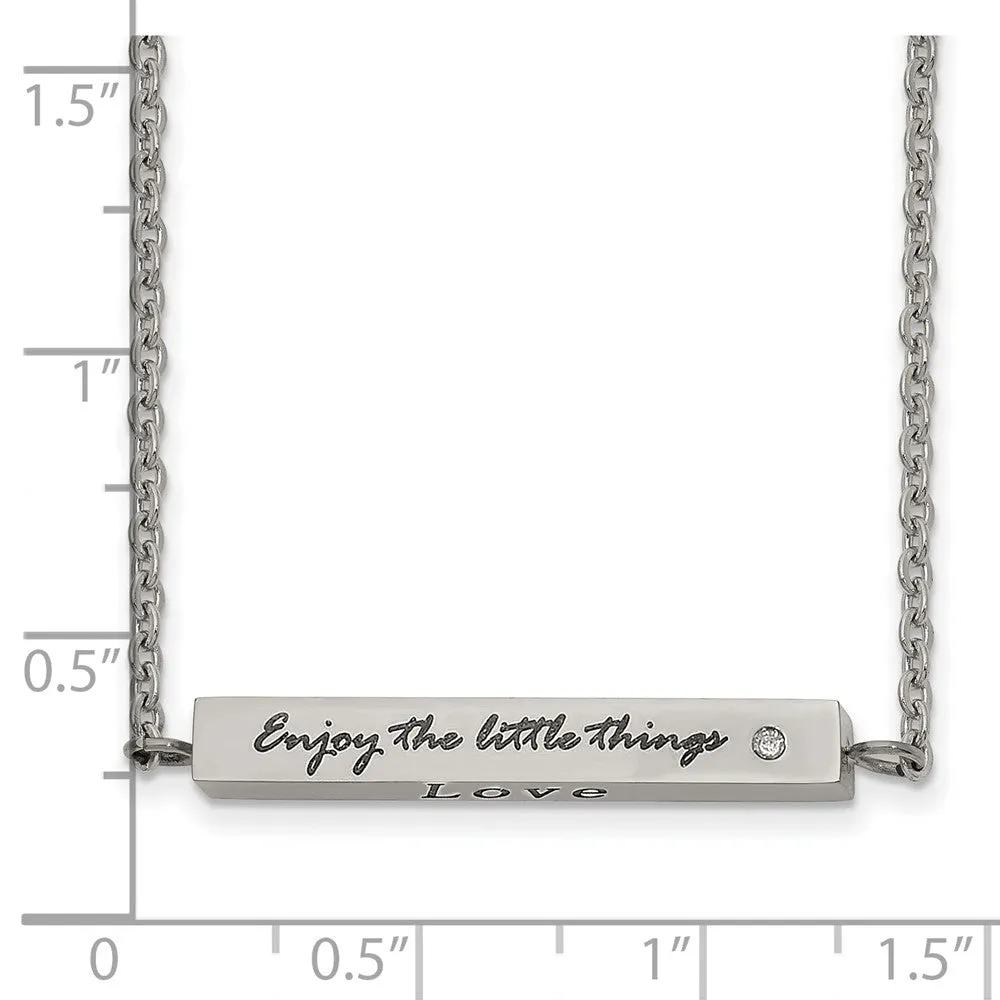 Stainless Steel Polished w/CZ ENJOY 16in w/2in ext Bar Necklace