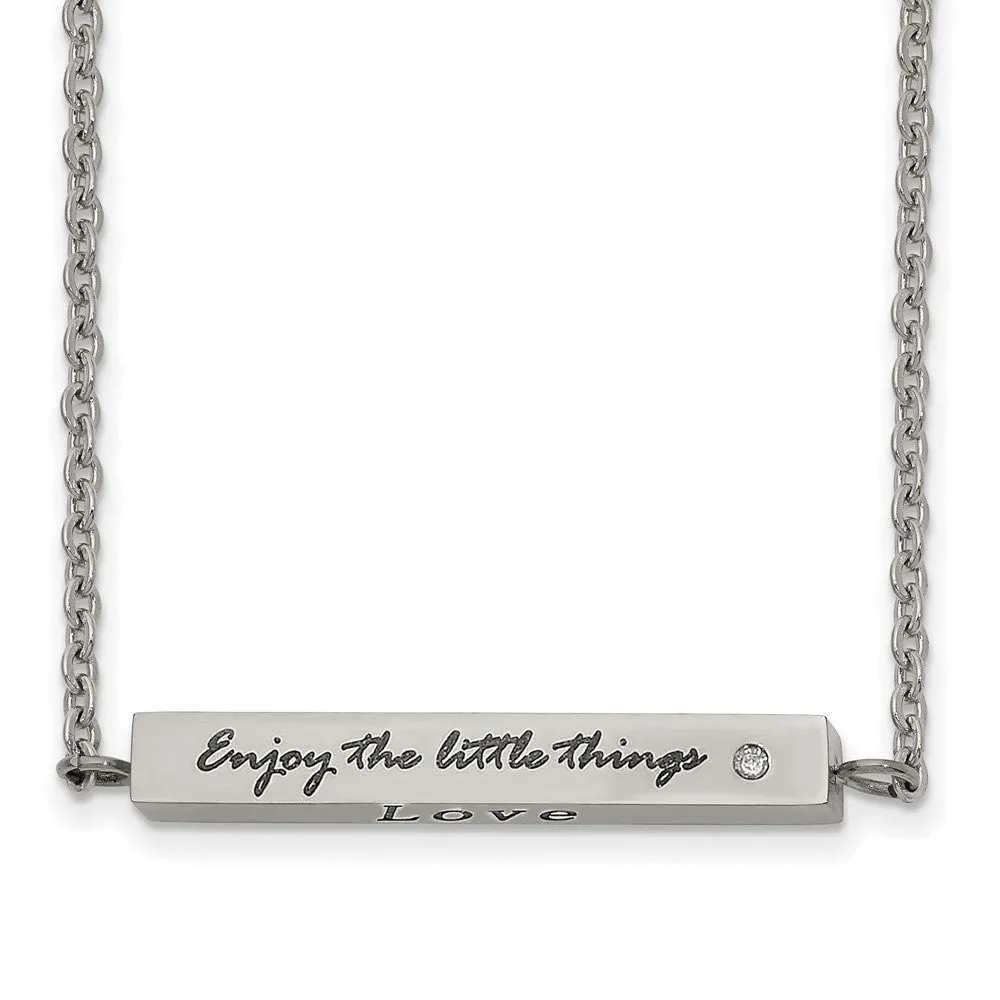 Stainless Steel Polished w/CZ ENJOY 16in w/2in ext Bar Necklace