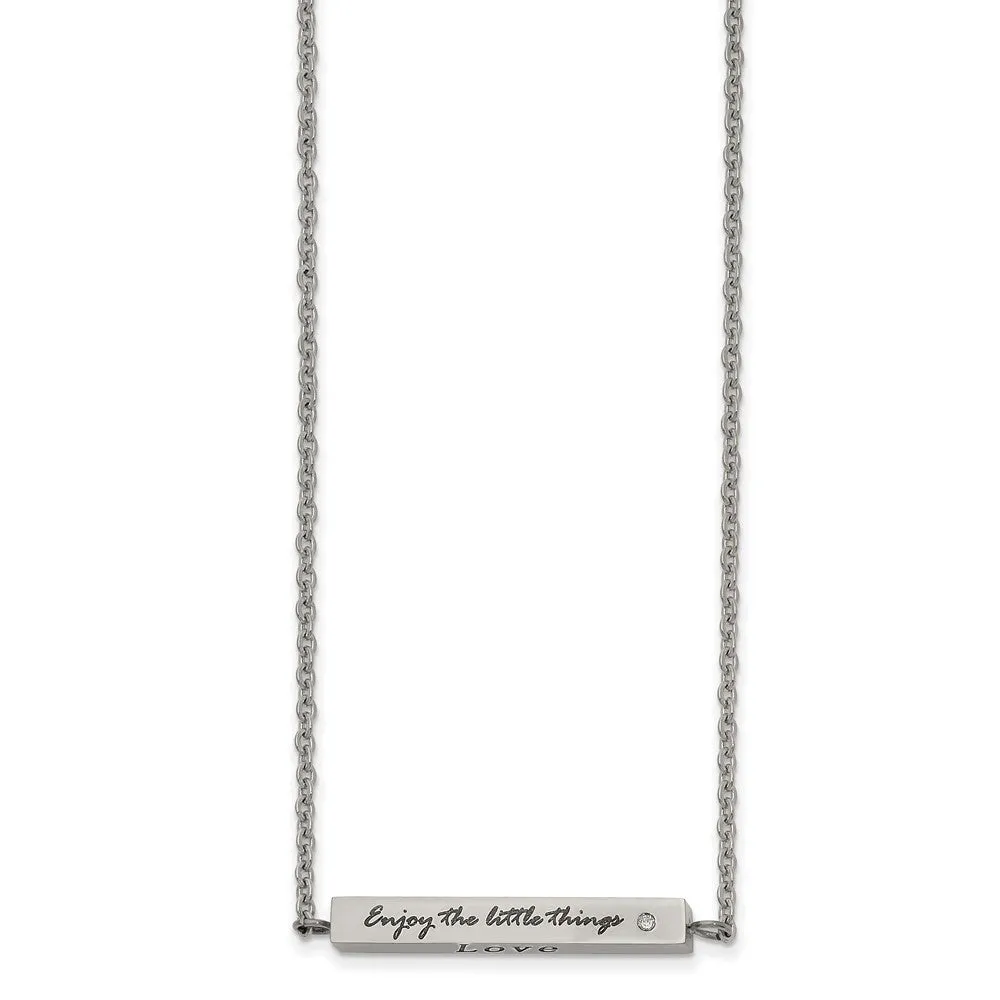 Stainless Steel Polished w/CZ ENJOY 16in w/2in ext Bar Necklace