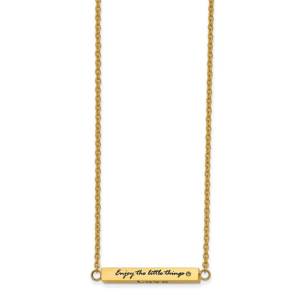 Stainless Steel Polished Yellow IP w/CZ ENJOY 16in w/2in ext Bar Necklace