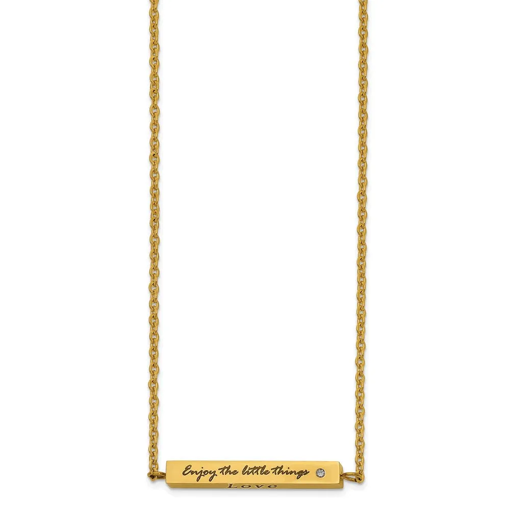 Stainless Steel Polished Yellow IP w/CZ ENJOY 16in w/2in ext Bar Necklace