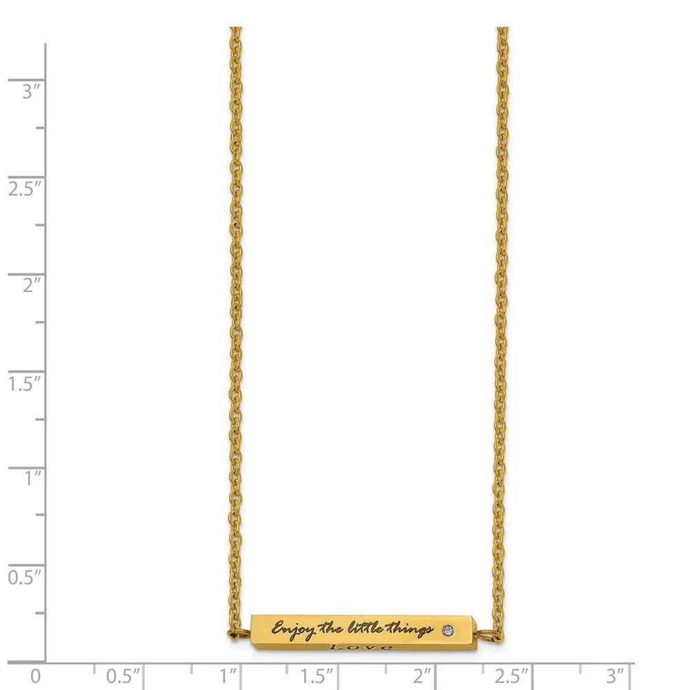 Stainless Steel Polished Yellow IP w/CZ ENJOY 16in w/2in ext Bar Necklace