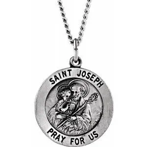 Sterling Silver 25 mm Round St. Joseph Medal 24" Necklace