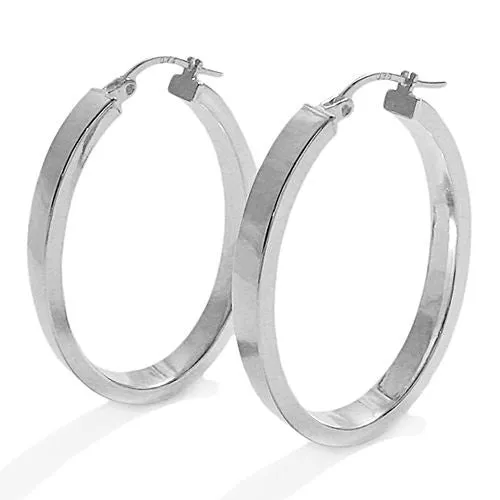 Sterling Silver Squared Flat Oval Hoop Earrings. Available in 2 Sizes.
