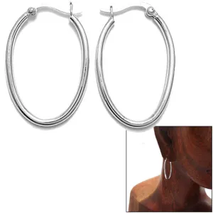 Sterling Silver Thin 2mm Wide Plain Oval Hoop Snap Latch Earrings