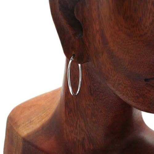 Sterling Silver Thin 2mm Wide Plain Oval Hoop Snap Latch Earrings