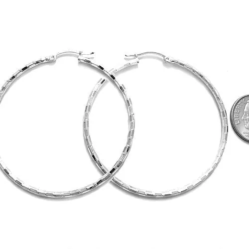 Sterling Silver Thin 49mm Diameter Faceted Hoop Earrings