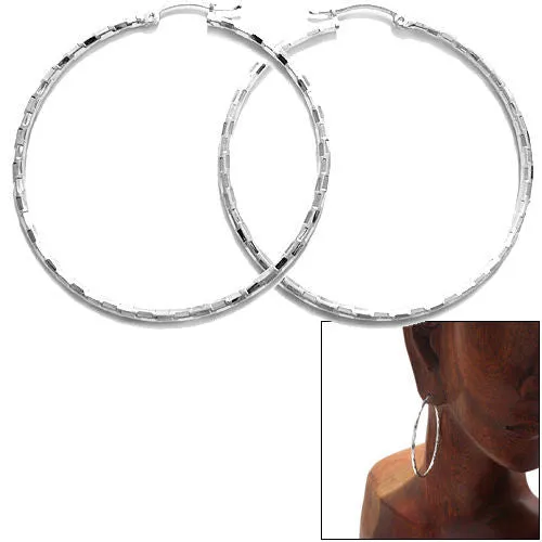 Sterling Silver Thin 49mm Diameter Faceted Hoop Earrings
