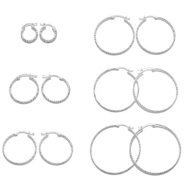 Sterling Silver Thin Diamond Cut Hoop Earrings. Available in 6 Sizes.