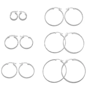 Sterling Silver Thin Diamond Cut Hoop Earrings. Available in 6 Sizes.
