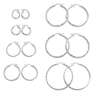 Sterling Silver Thin Faceted Hoop Earrings. Available in 7 Sizes