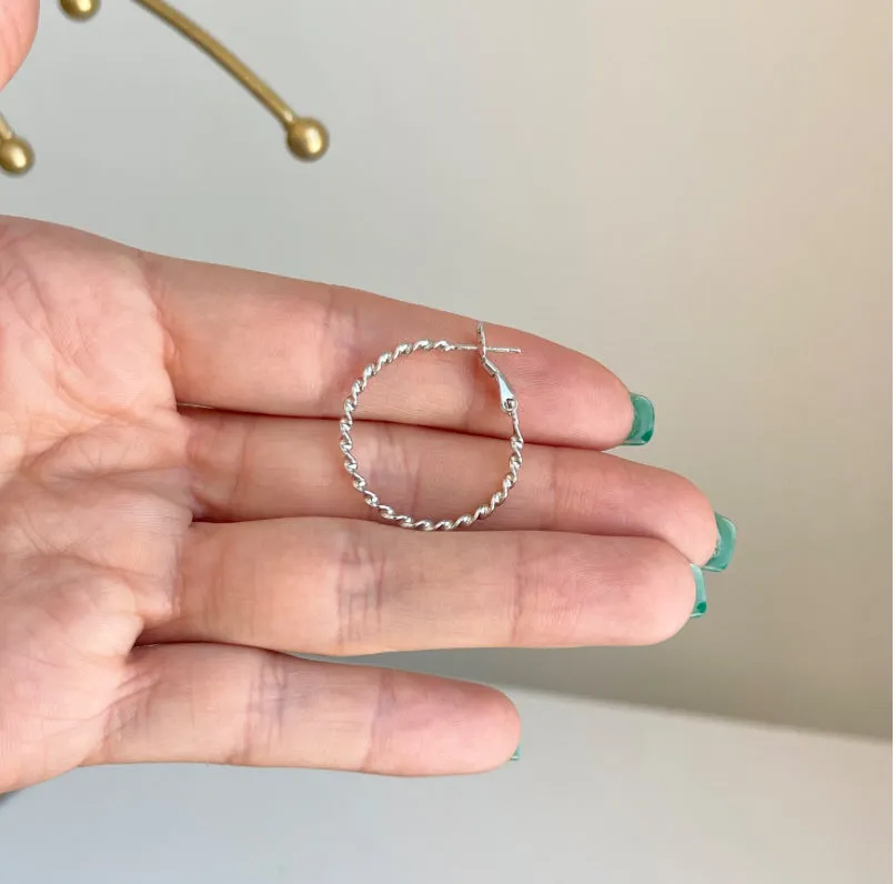 Sterling Silver Twisted Round Omega Back Hoop Earrings 27mm
