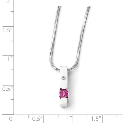 Sterling Silver White Ice .02ct. Diamond And Pink Tourmaline Vertical Bar Necklace
