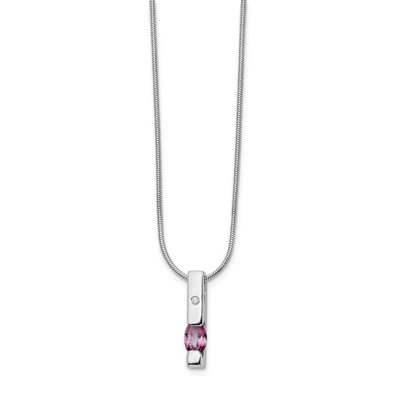 Sterling Silver White Ice .02ct. Diamond And Pink Tourmaline Vertical Bar Necklace