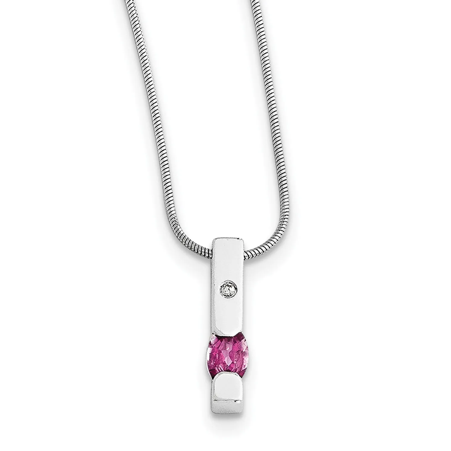 Sterling Silver White Ice .02ct. Diamond And Pink Tourmaline Vertical Bar Necklace