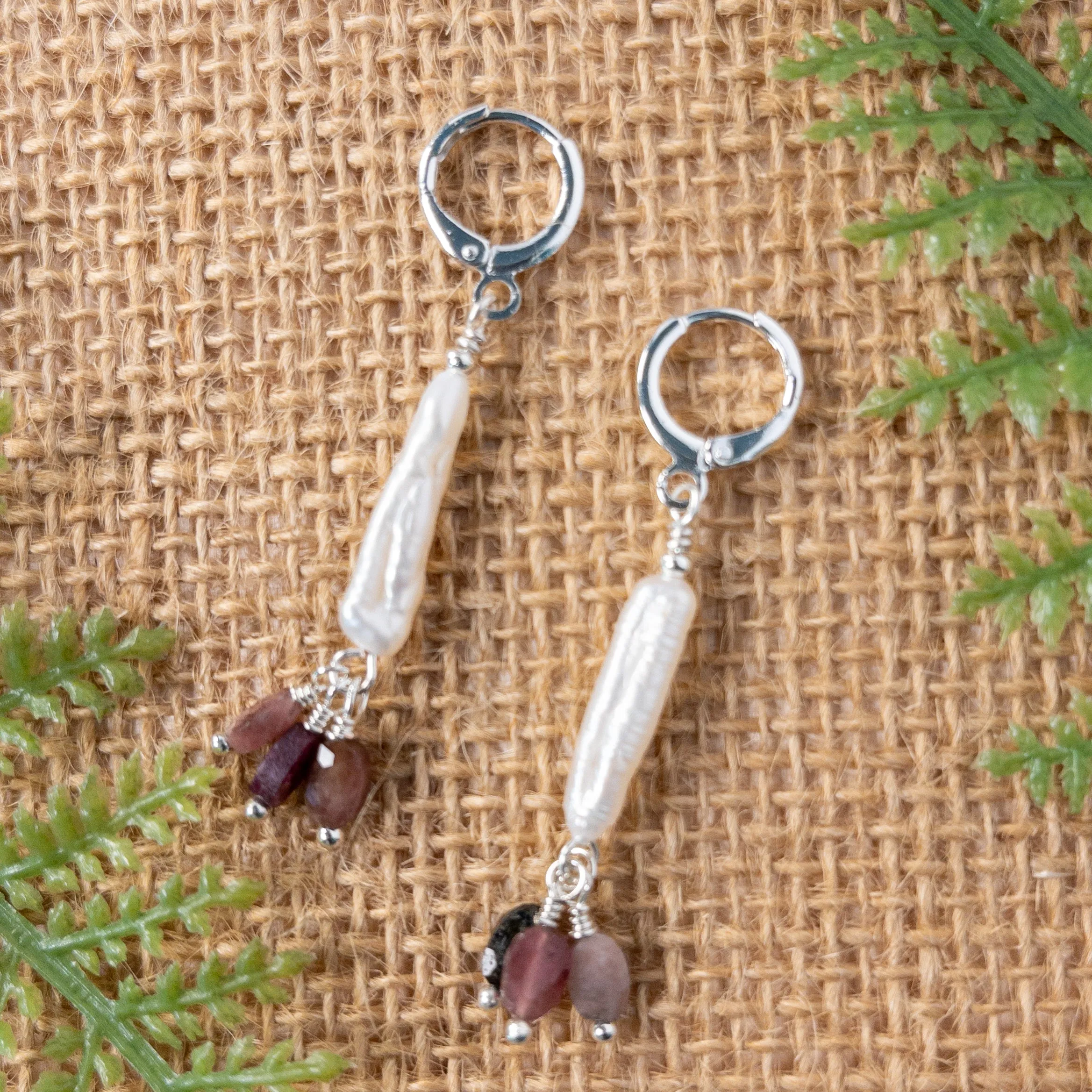 Stick Pearl and Tourmaline Handcrafted Dangle Earrings