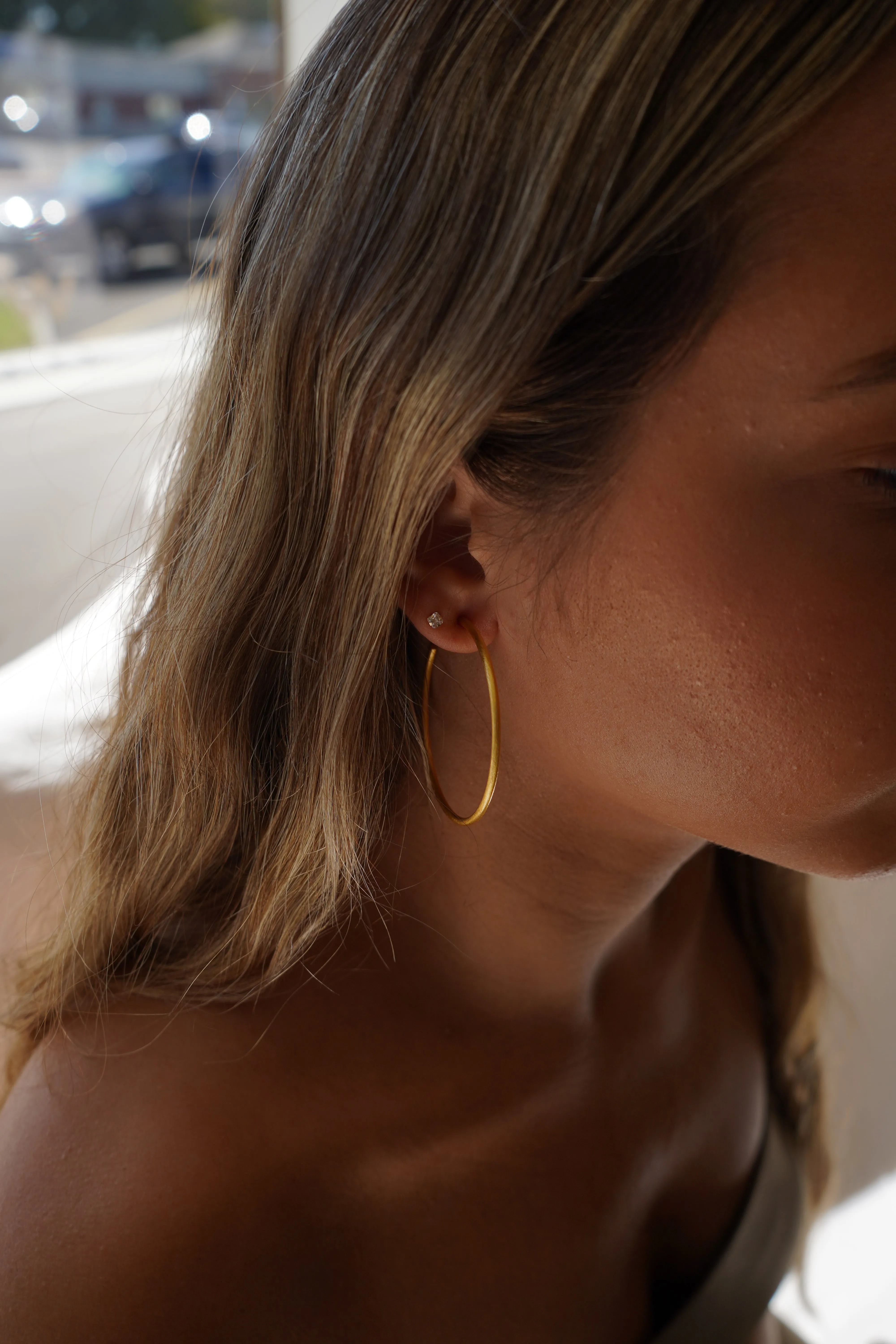 Thin Large Brushed Gold Light Weight Hoop Earrings