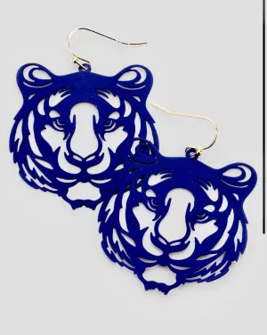 Tiger earrings, navy blue Tiger mascot earrings, auburn tigers , go tigers , cheetah earrings filigree animal dark blue