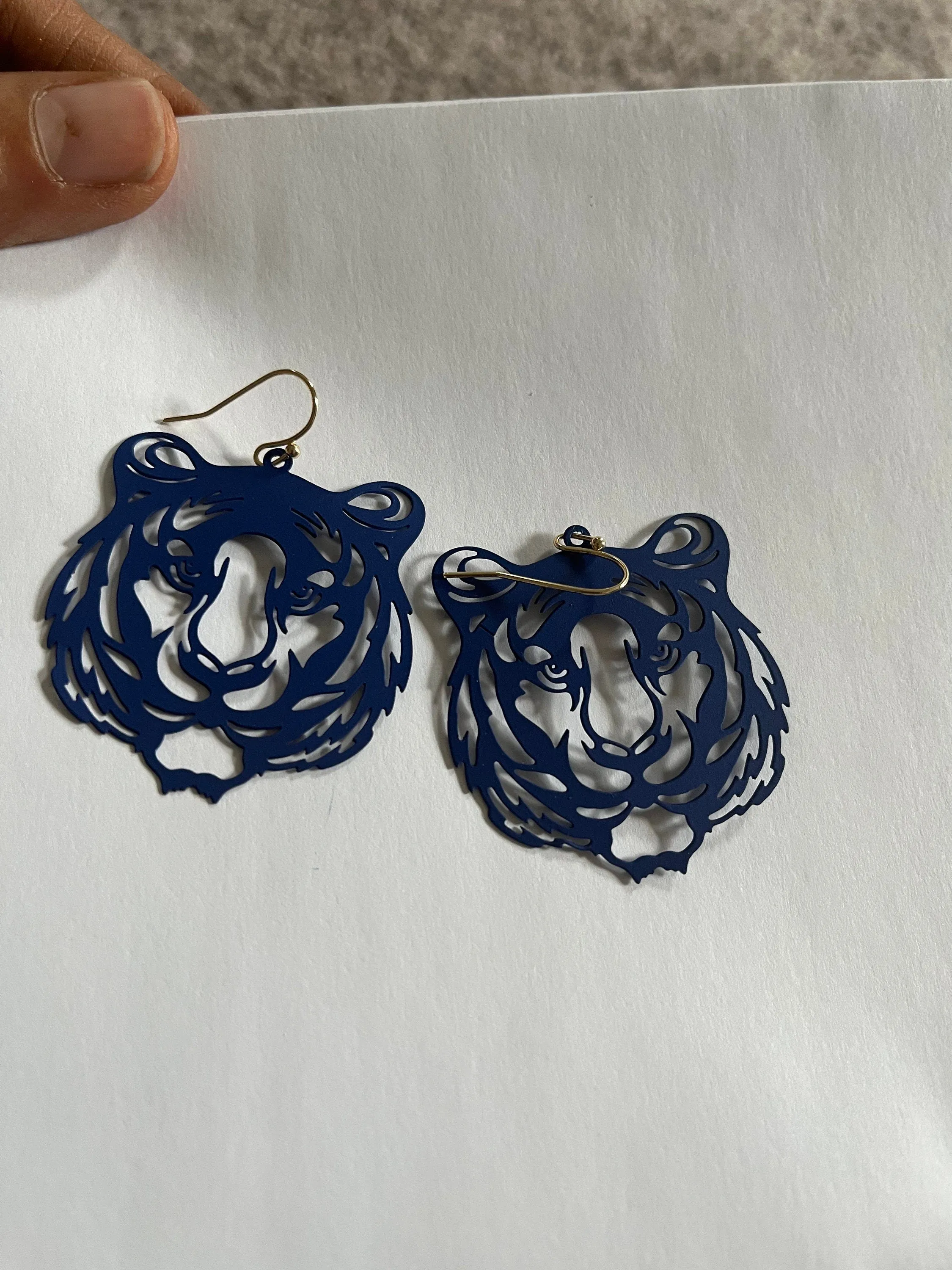 Tiger earrings, navy blue Tiger mascot earrings, auburn tigers , go tigers , cheetah earrings filigree animal dark blue