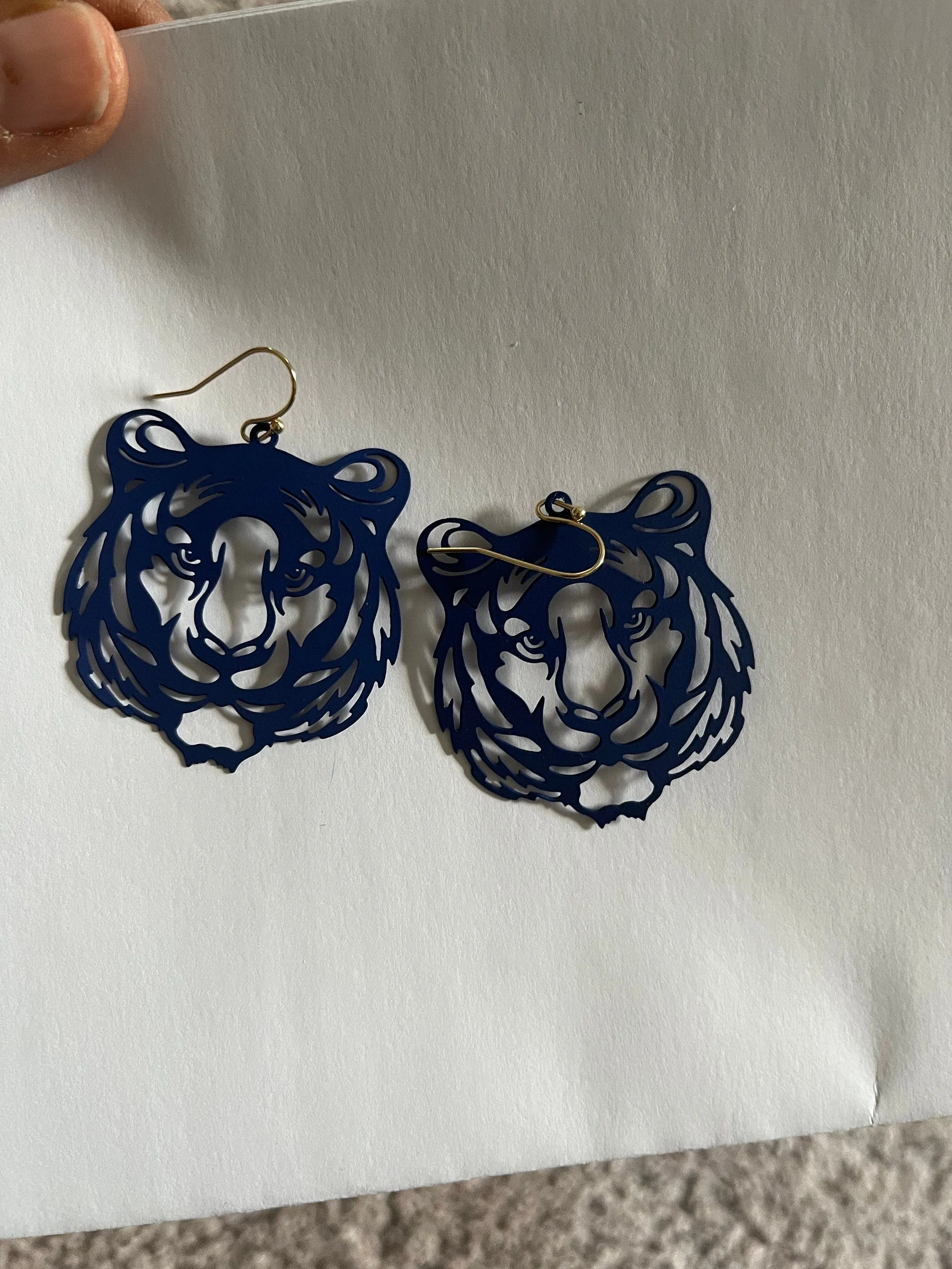 Tiger earrings, navy blue Tiger mascot earrings, auburn tigers , go tigers , cheetah earrings filigree animal dark blue