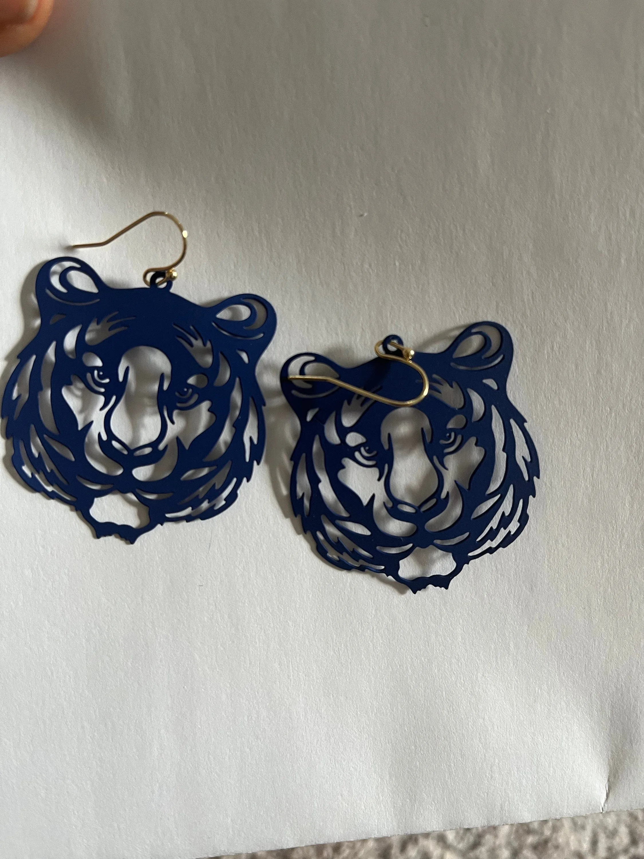 Tiger earrings, navy blue Tiger mascot earrings, auburn tigers , go tigers , cheetah earrings filigree animal dark blue