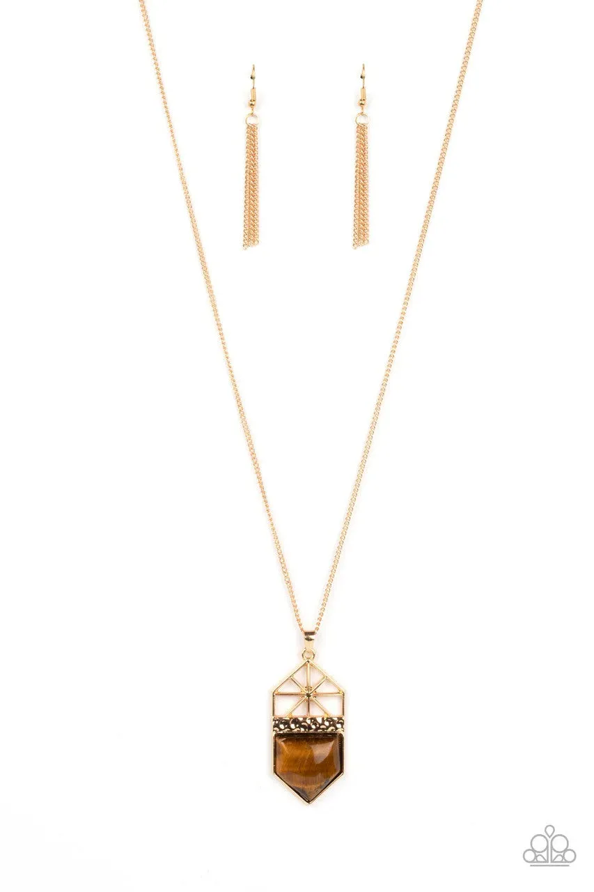 Trailblazing Talisman - Brown - Tiger's Eye Stone Pendant Gold Paparazzi Necklace