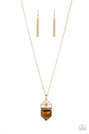 Trailblazing Talisman - Brown - Tiger's Eye Stone Pendant Gold Paparazzi Necklace