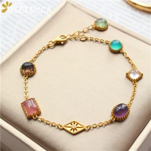 Trendy 925 Sterling Silver Naturanl Gemstone Crystal Women's Bracelet Fine Jewelry Elegant Geometric Gold-plated Bracelets Gift