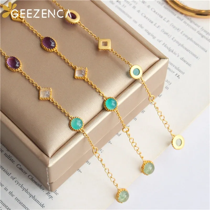 Trendy 925 Sterling Silver Naturanl Gemstone Crystal Women's Bracelet Fine Jewelry Elegant Geometric Gold-plated Bracelets Gift
