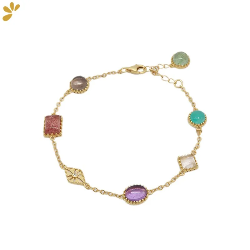 Trendy 925 Sterling Silver Naturanl Gemstone Crystal Women's Bracelet Fine Jewelry Elegant Geometric Gold-plated Bracelets Gift