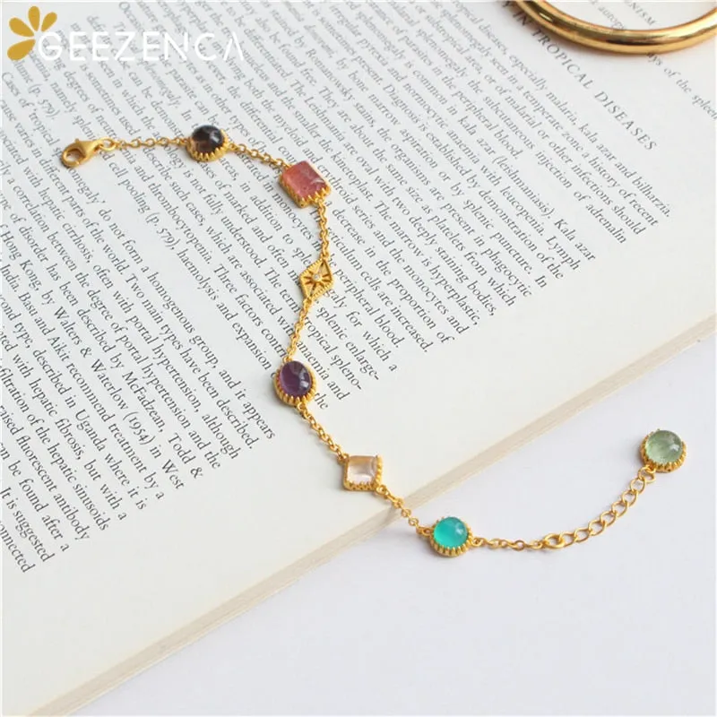 Trendy 925 Sterling Silver Naturanl Gemstone Crystal Women's Bracelet Fine Jewelry Elegant Geometric Gold-plated Bracelets Gift