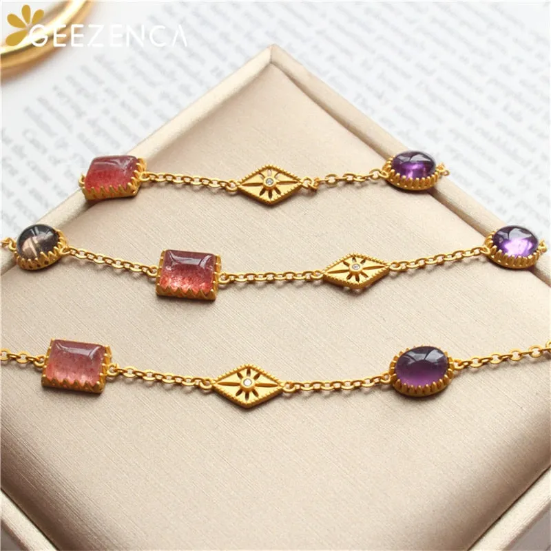Trendy 925 Sterling Silver Naturanl Gemstone Crystal Women's Bracelet Fine Jewelry Elegant Geometric Gold-plated Bracelets Gift