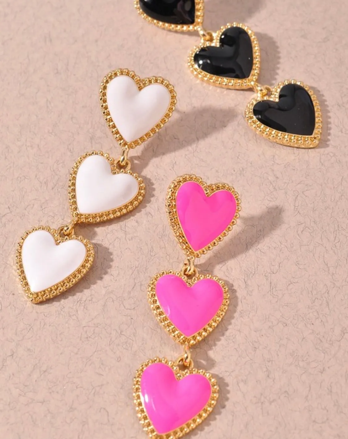 Triple Heart Dangle Earrings- Pink