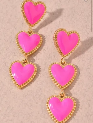 Triple Heart Dangle Earrings- Pink