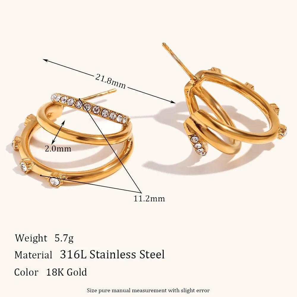 Triple Hoop Earrings | C-Shaped Zircon Hoops for a Layered Look
