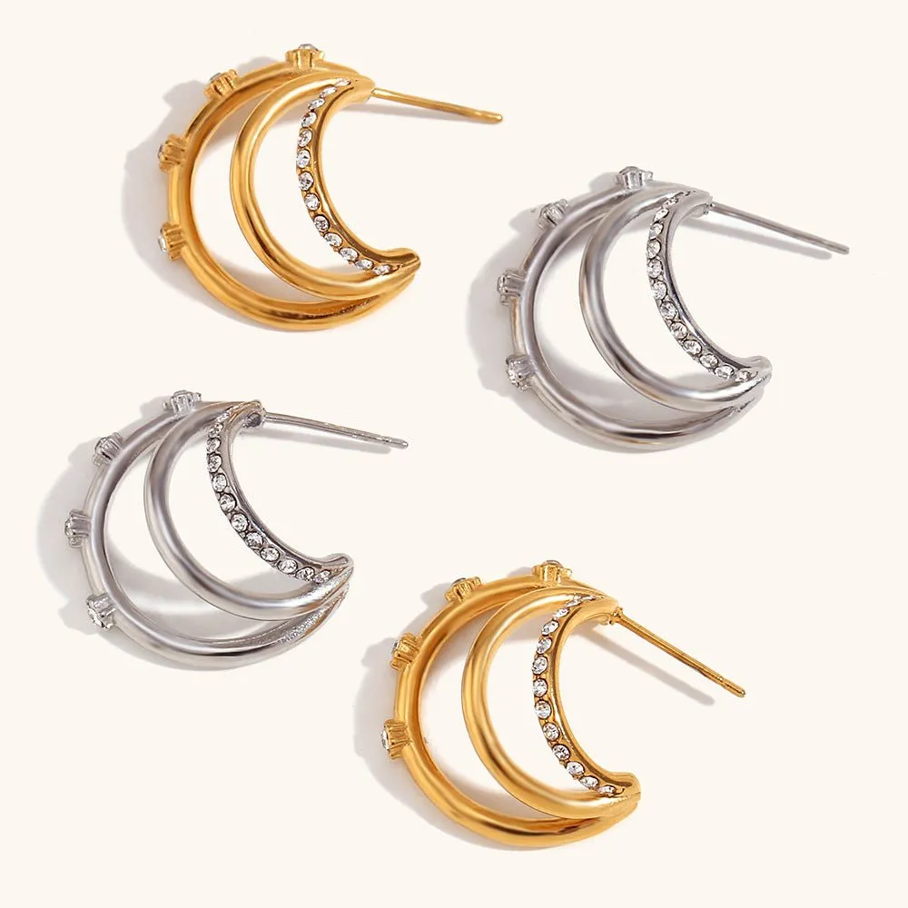 Triple Hoop Earrings | C-Shaped Zircon Hoops for a Layered Look