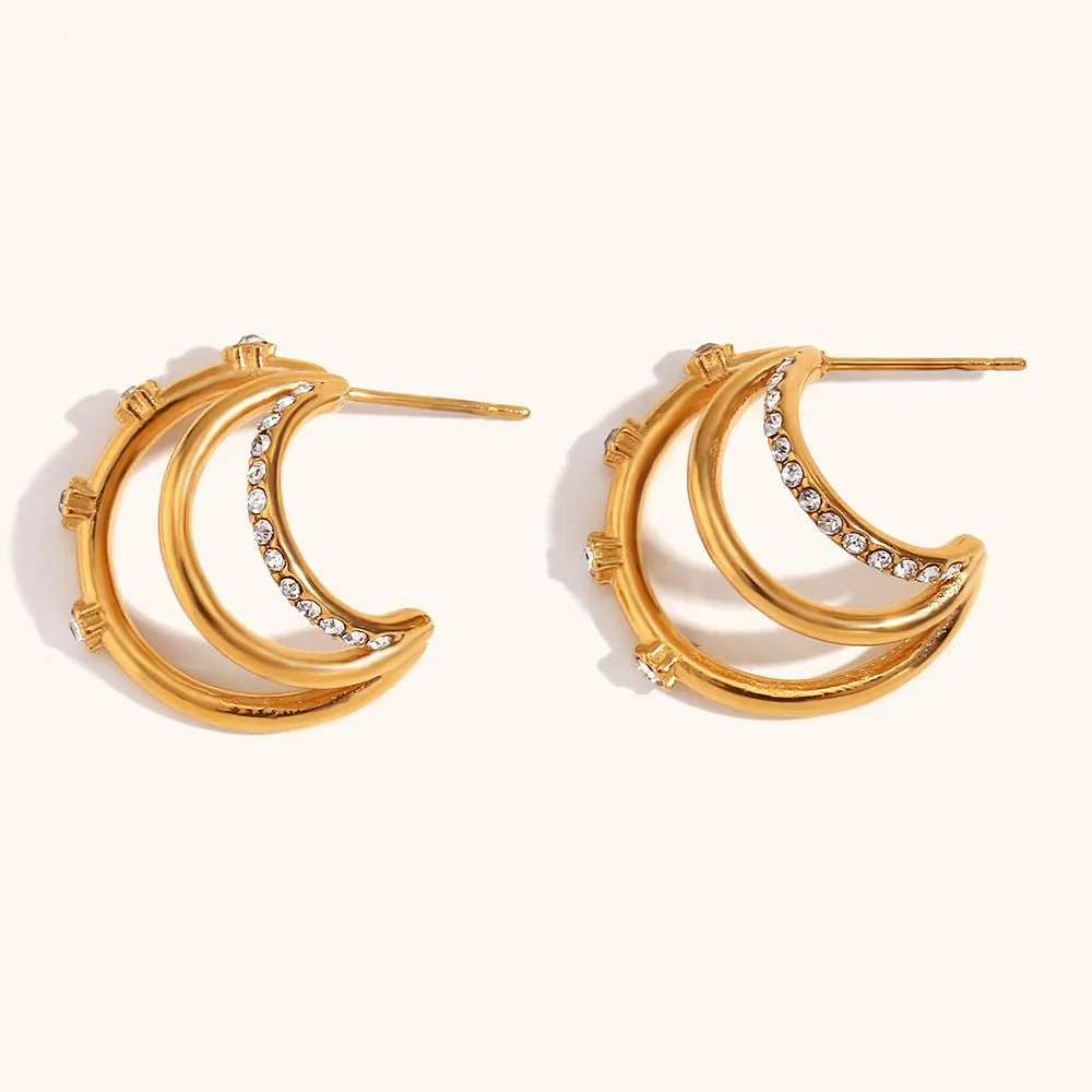 Triple Hoop Earrings | C-Shaped Zircon Hoops for a Layered Look