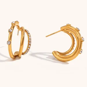 Triple Hoop Earrings | C-Shaped Zircon Hoops for a Layered Look