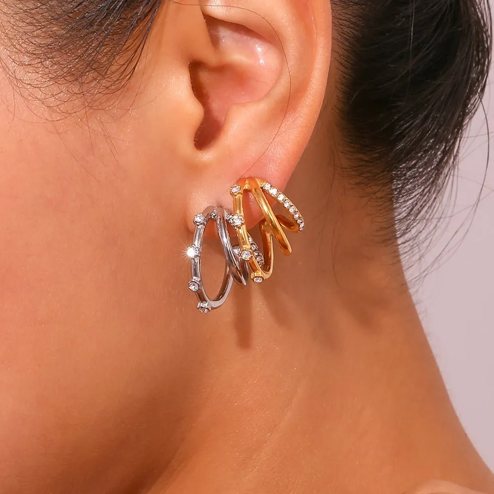 Triple Hoop Earrings | C-Shaped Zircon Hoops for a Layered Look
