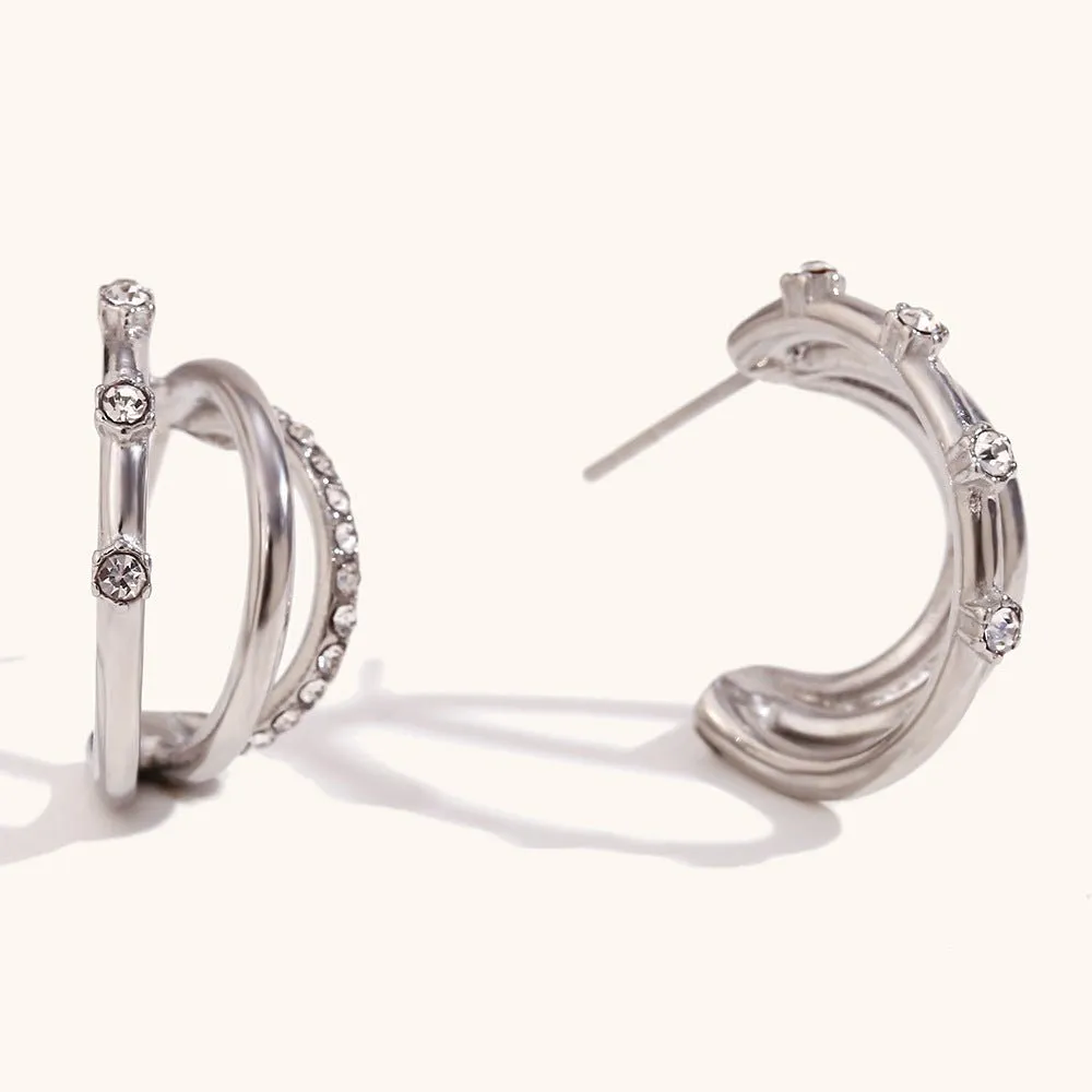 Triple Hoop Earrings | C-Shaped Zircon Hoops for a Layered Look