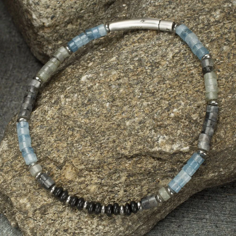 Tundra Labradorite / Aquamarine & Moonstone Heishi Bead 7.75" Bracelet BRHSHI05-775