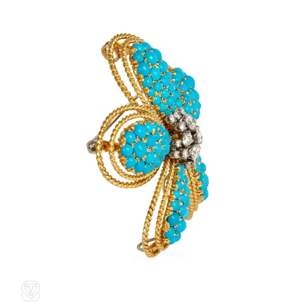Turquoise and diamond flower brooch pendant
