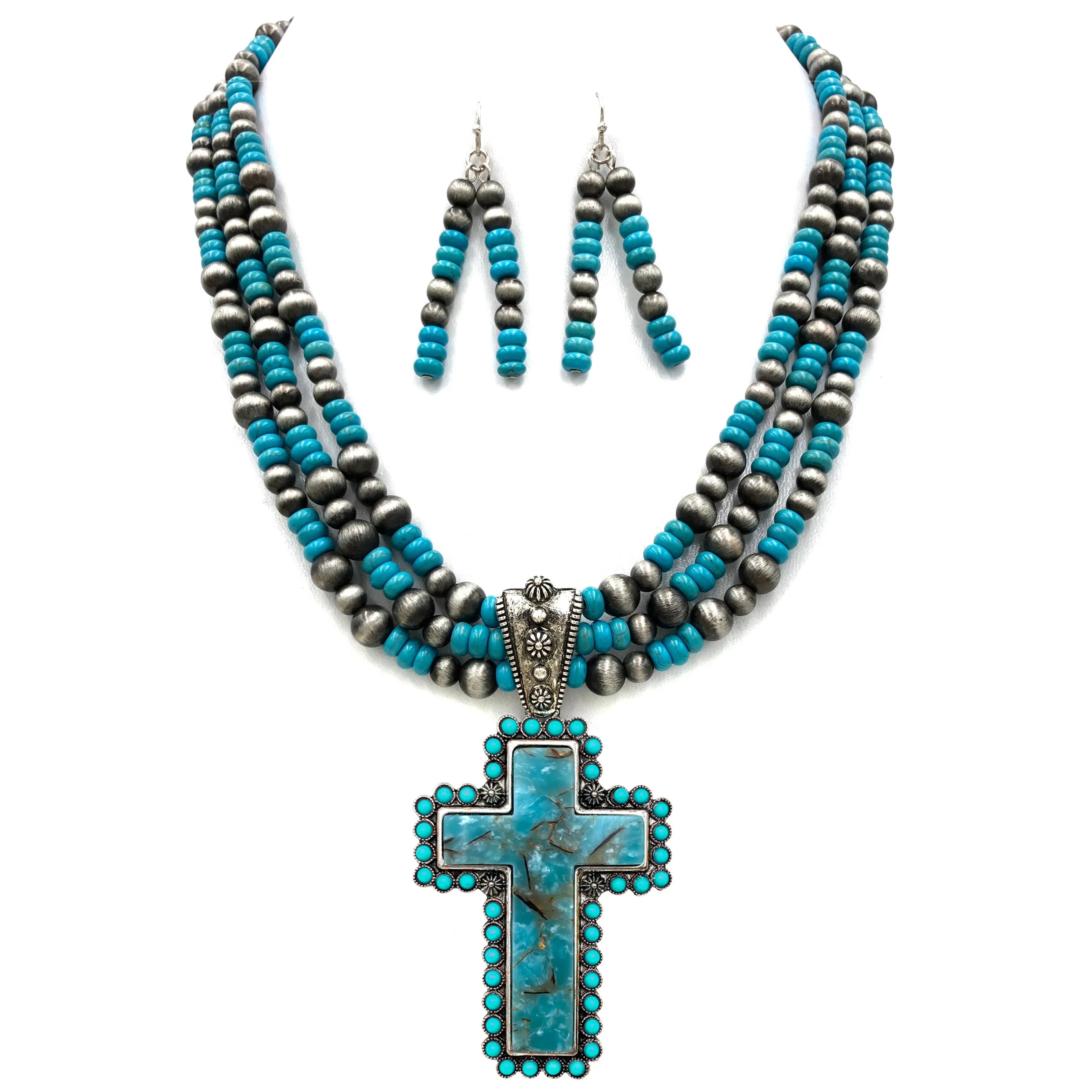 Turquoise Cross Stone Turquoise Bead Pearl Western Chunky Necklace Set: