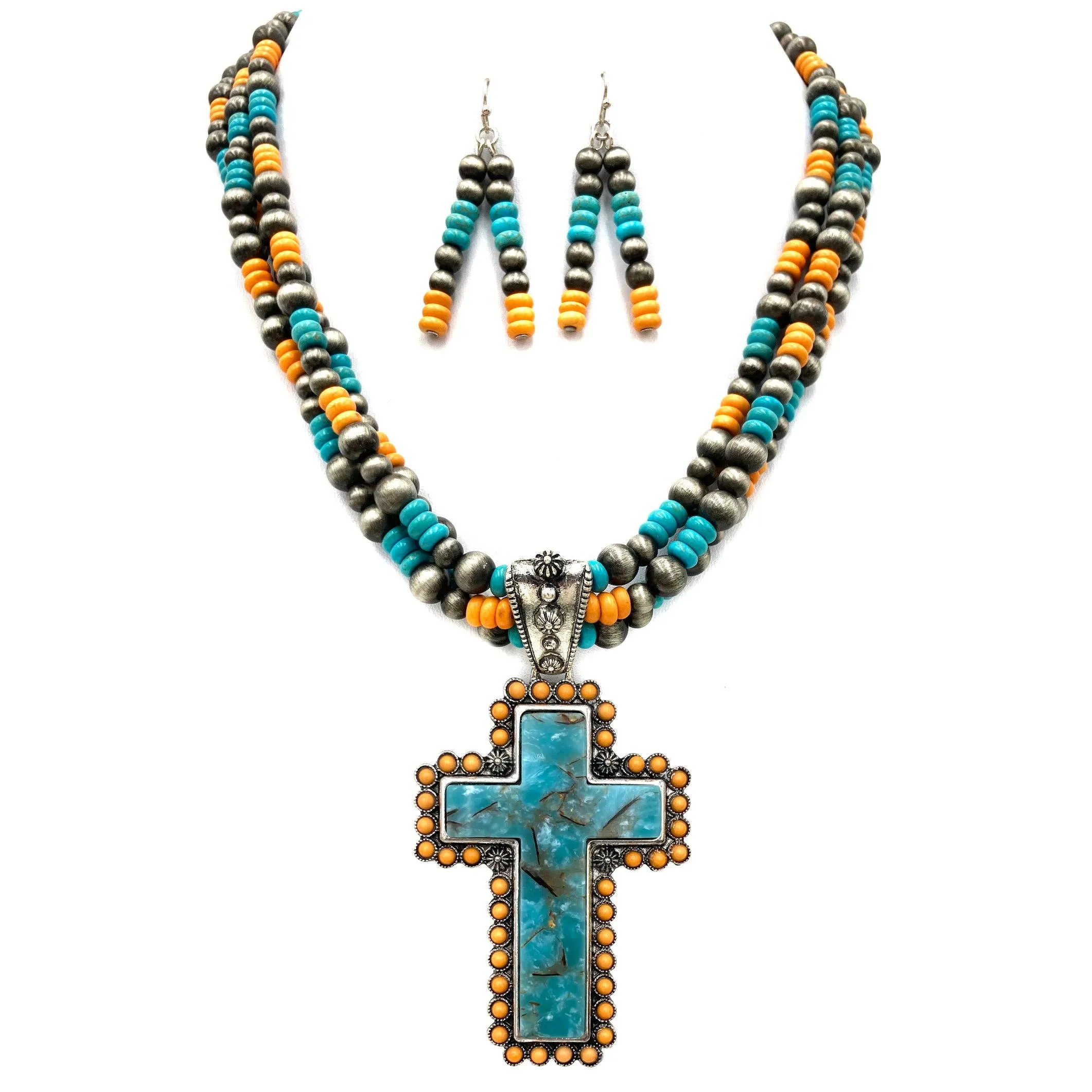 Turquoise Cross Stone Turquoise Bead Pearl Western Chunky Necklace Set:
