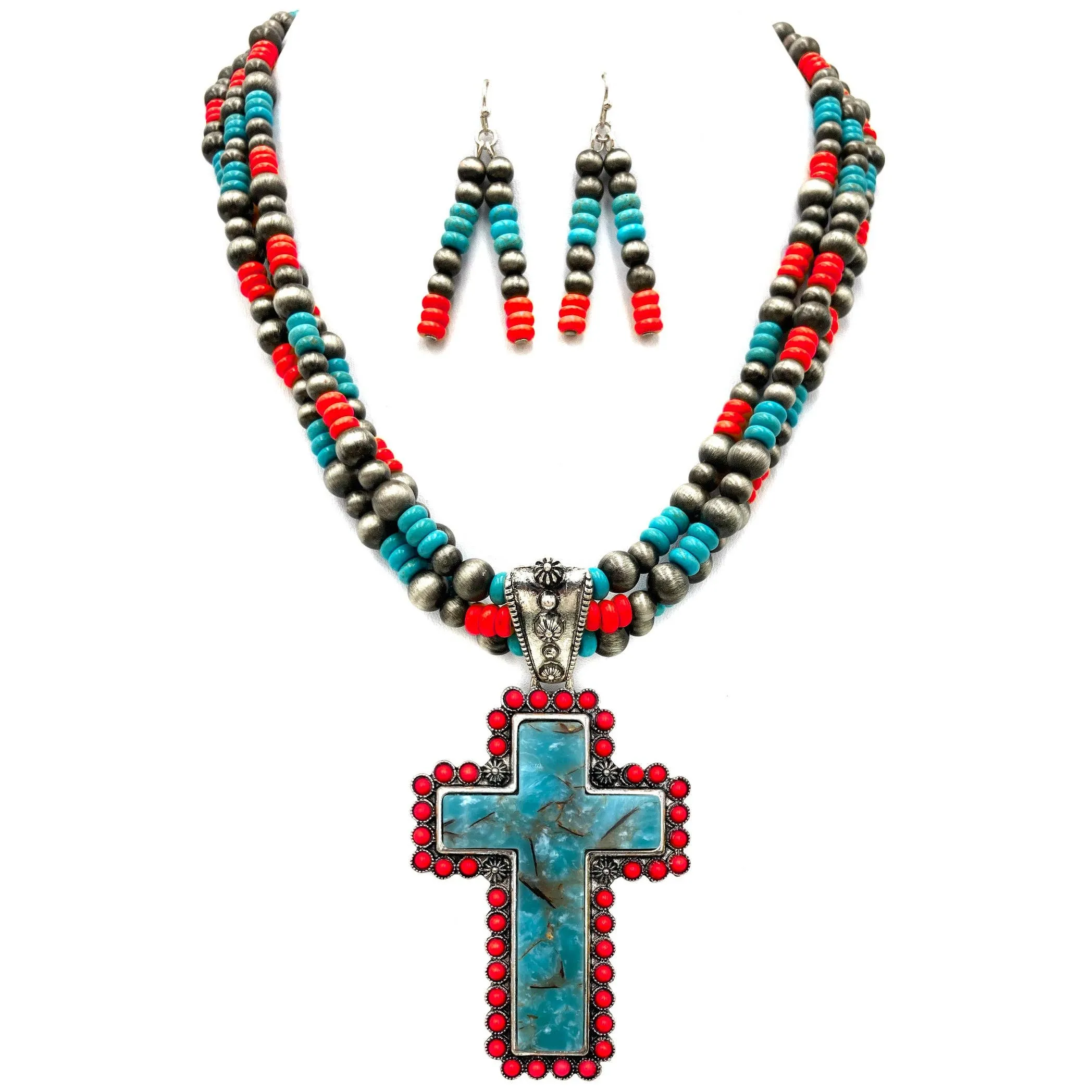 Turquoise Cross Stone Turquoise Bead Pearl Western Chunky Necklace Set: